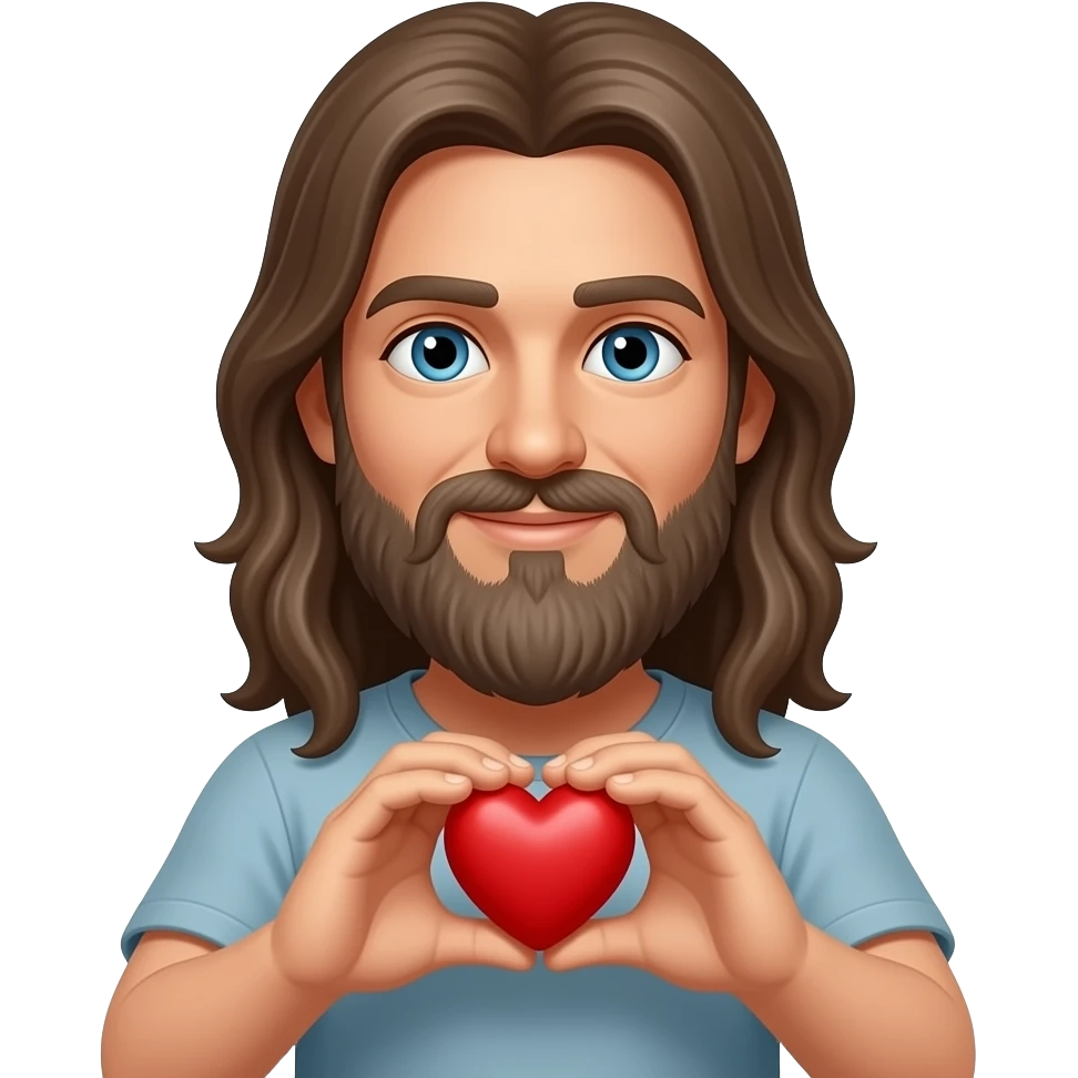 Long brown hair blue eyes long grey beard hippy with heart hands emoji