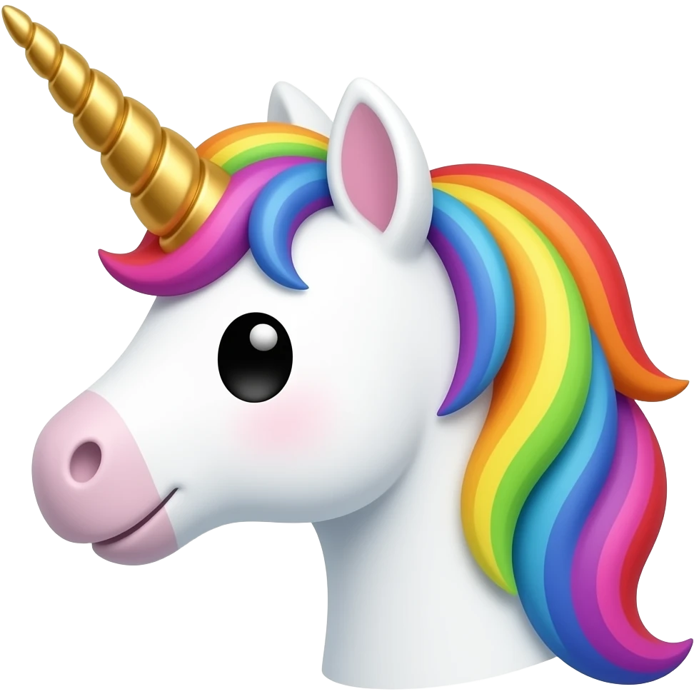 Whimsical funny face of a white unicorn, golden horn, rainbow mane, black eyes, in profile emoji