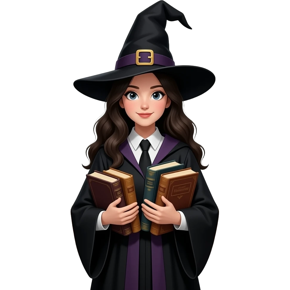бібліатекар школи з книгами в образі чаклунки emoji
