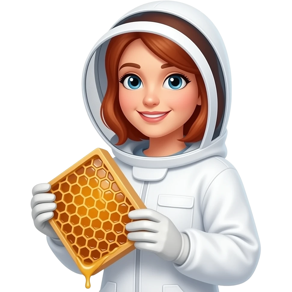 emoji style beekeeper woman in white beekeeper suit, a honeycomb in her hand and hair red emoji