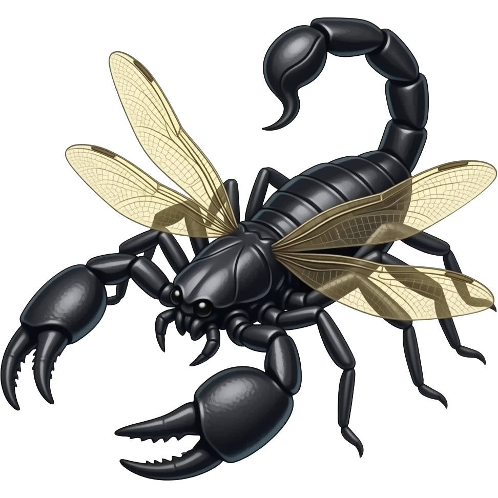 A black widow spider, with dragonfly wings and a scorpion tail, scorpion pinchers,  and stinger posed to strike emoji