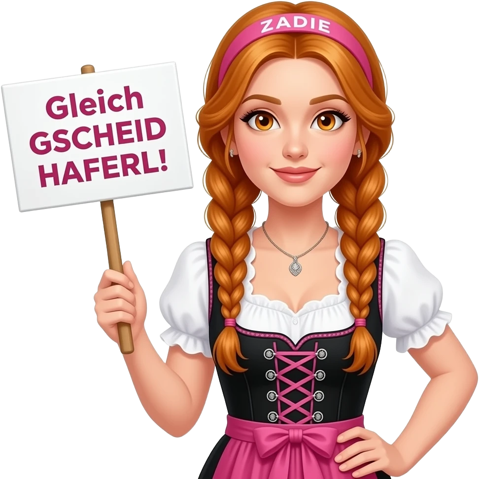 sexy girl with overlong ginger braids and ginger eyes wearing a black pink dirndl and a pink headband with ZADIE written on it, is holding a sign with Gleich GSCHEID HAFERL! written on it emoji