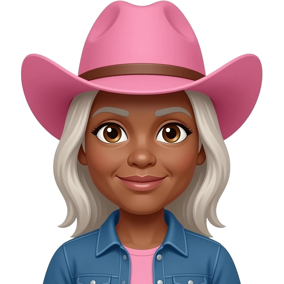Older aged Cowgirl with pink hat dark tanned skin grey/blonde hair, brown eye brows, brown eyes emoji