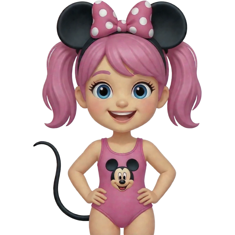 A pink girl wears a pink minnie mouse emoji swimsuit emoji
