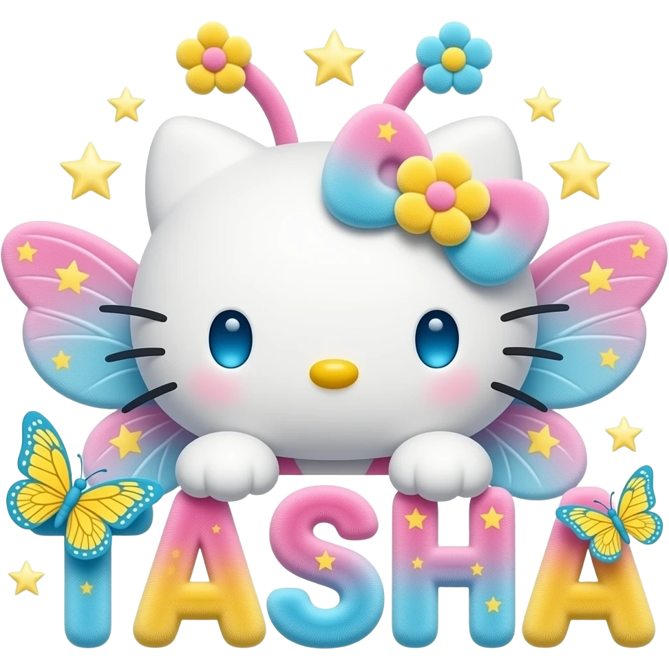 White velvety fur 3D hello kitty head, pink yellow blue ombre 3D flower ...