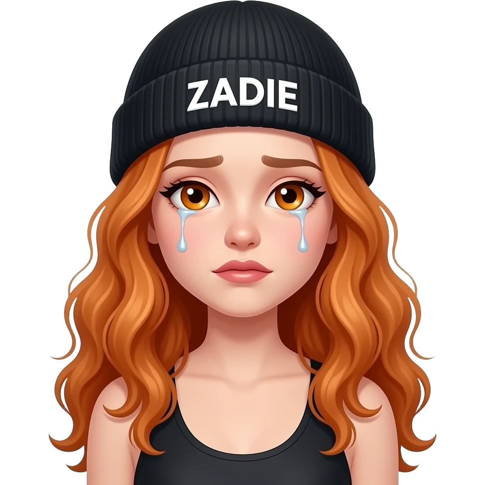 sexy girl with overlong wavy ginger hair and ginger eyes wearing a black tanktop and a black beanie with ZADIE written on it, is crying emoji