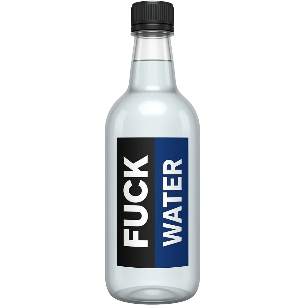 long very skinny bottle with a black cap with white liquid in it with a white and dark blue vertical label that says FUCK WATER but the fuck is white text with a black background and water is white text with a navy blue background so it’s split in half. but the label is vertical side by side emoji