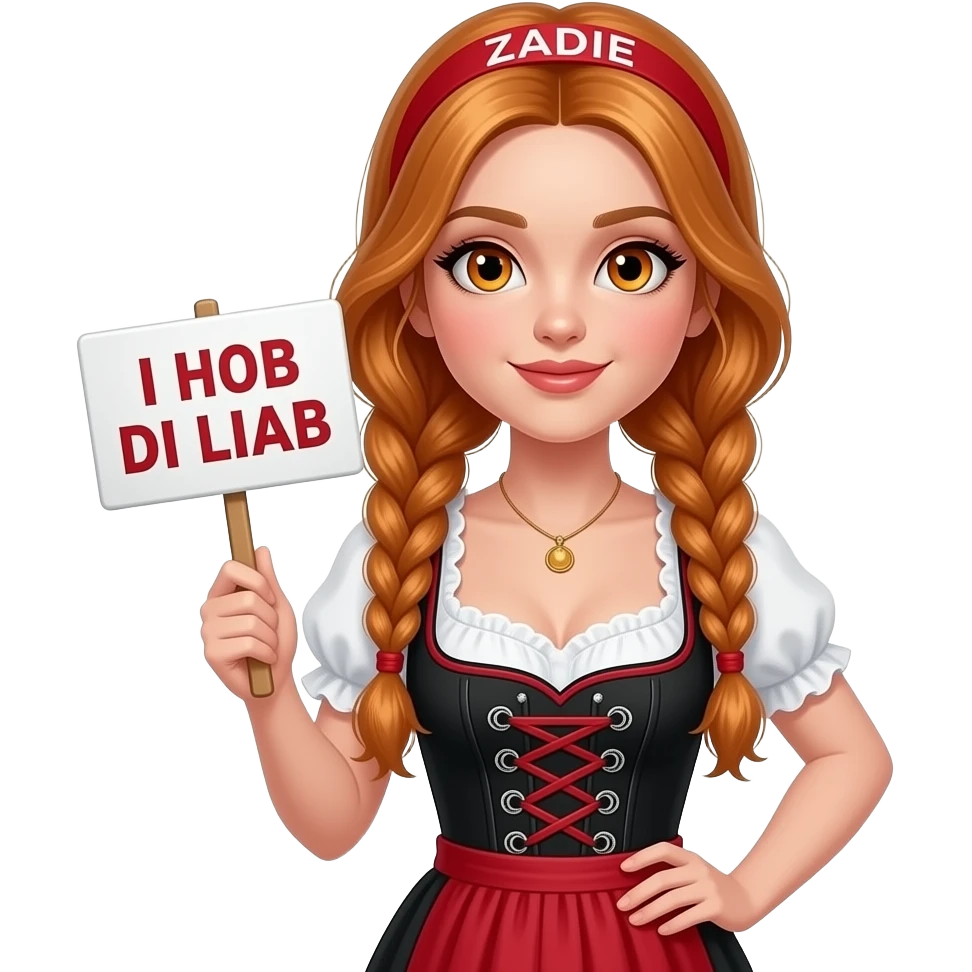 sexy girl with overlong ginger braids and ginger eyes wearing a black red dirndl and a red headband with ZADIE written on it, is holding a sign with I HOB DI LIAB written on it emoji