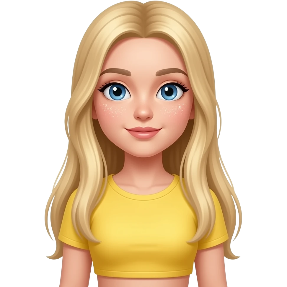 Teenage blue eyes, glitter makeup Long straight blonde hair yellow crop top soft makeup emoji