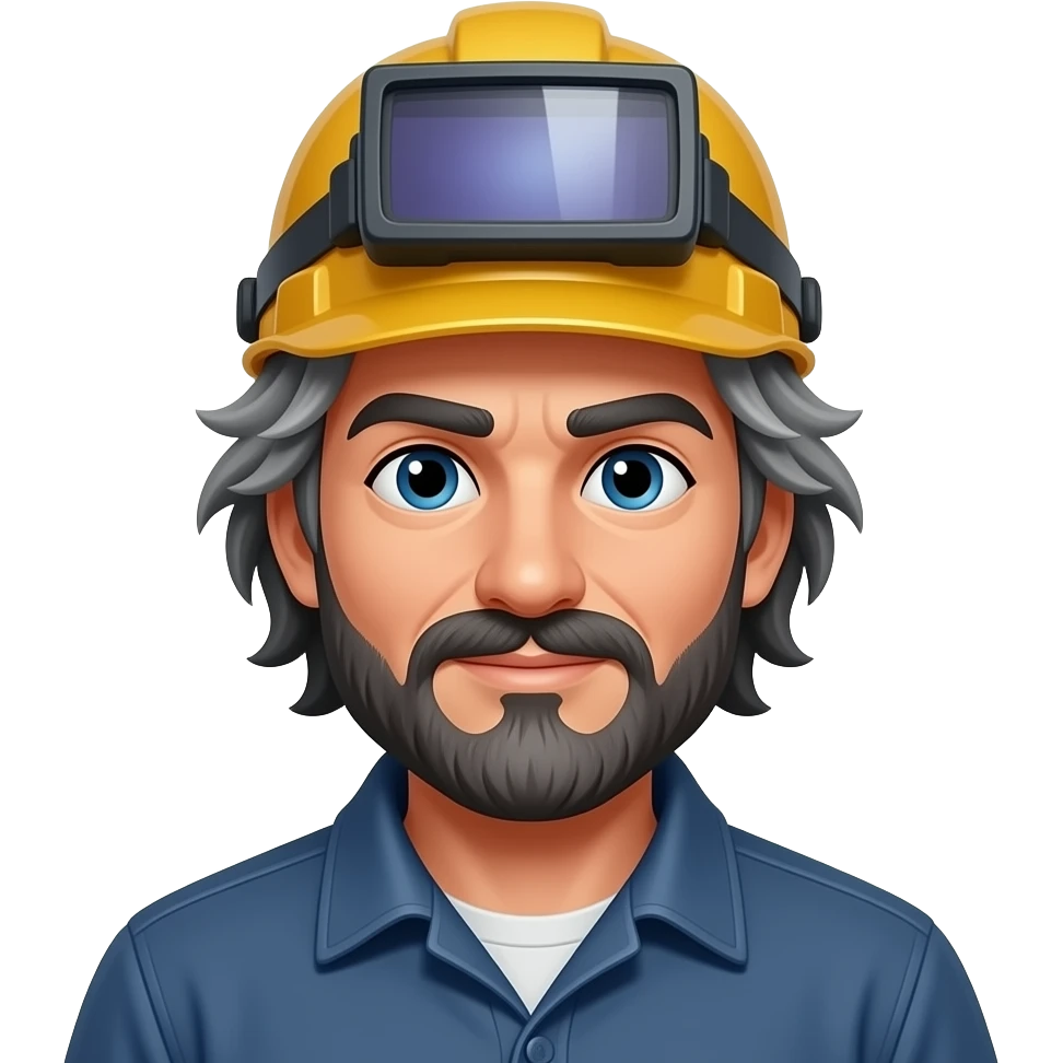 man with gray and black hair mixed like a bridge. He's wearing a welder's hat emoji