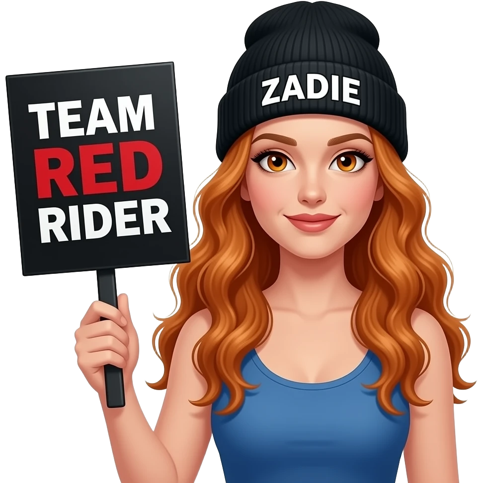 sexy girl with overlong wavy ginger hair and ginger eyes wearing a blue tanktop and a black beanie with ZADIE written on is holding a black sign with just TEAM RED RIDER on it emoji