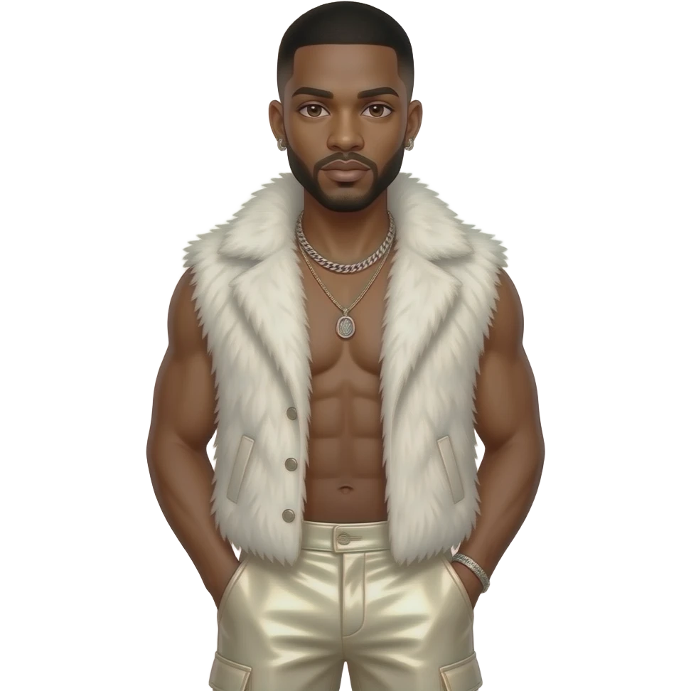 Usher with dark brown eyes, black buzz cut hair, white fur shawl vest, ivory metallic baggy pants, shirtless with necklace and earrings emoji