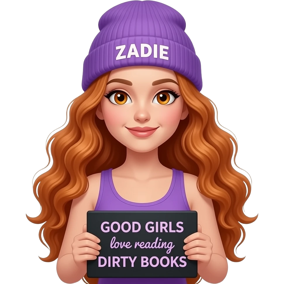 sexy girl with overlong wavy ginger hair and ginger eyes wearing a purple tanktop and a purple beanie with ZADIE written on it, is holding a black sign with GOOD GIRLS love reading DIRTY BOOKS written on it emoji