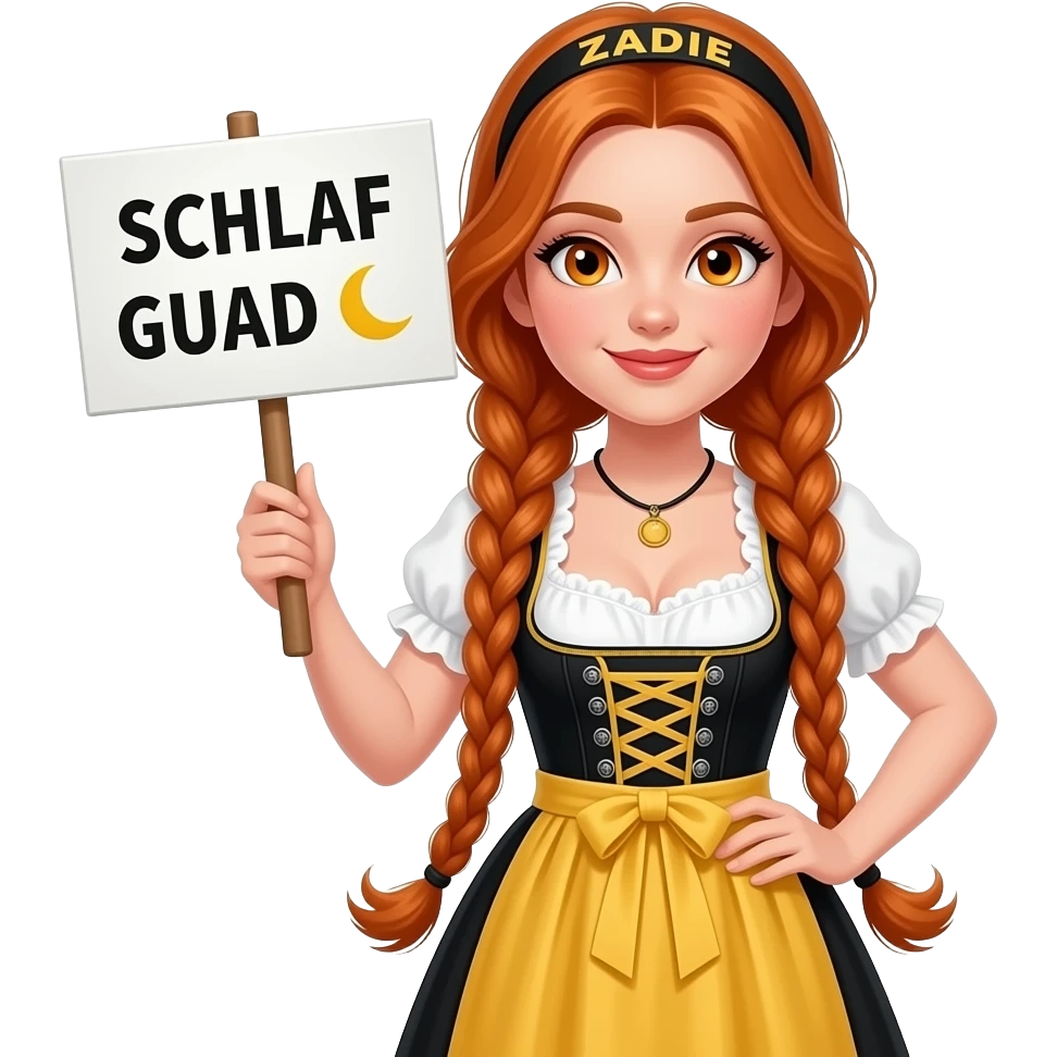 sexy girl with overlong ginger braids and ginger eyes wearing a black yellowdirndl and a headband with ZADIE written on it, is holding a sign with SCHLAF GUAD 🌜 written on it emoji