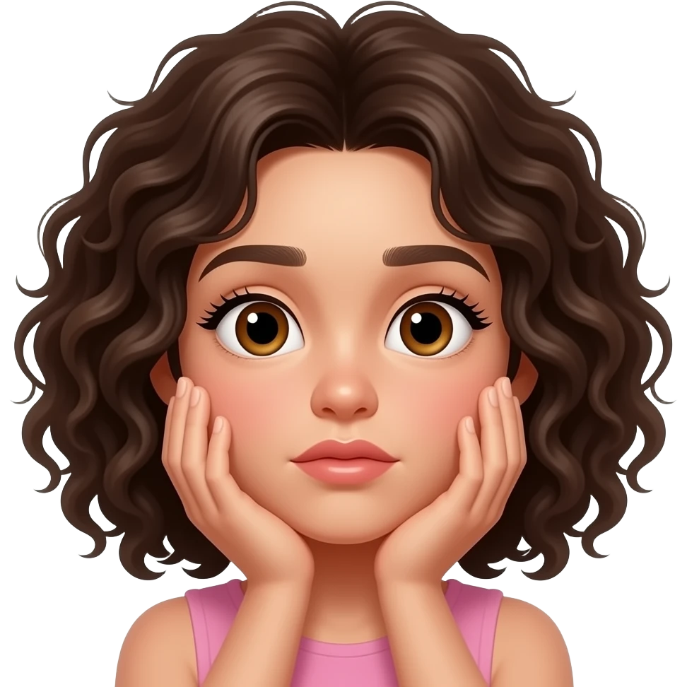 دختری مو فرفری با مژه های بلند با لبی طبیعی چشم قهوه ای رو در حالتل دست ها کنار صورت به گونه ای که نمیدانم است emoji