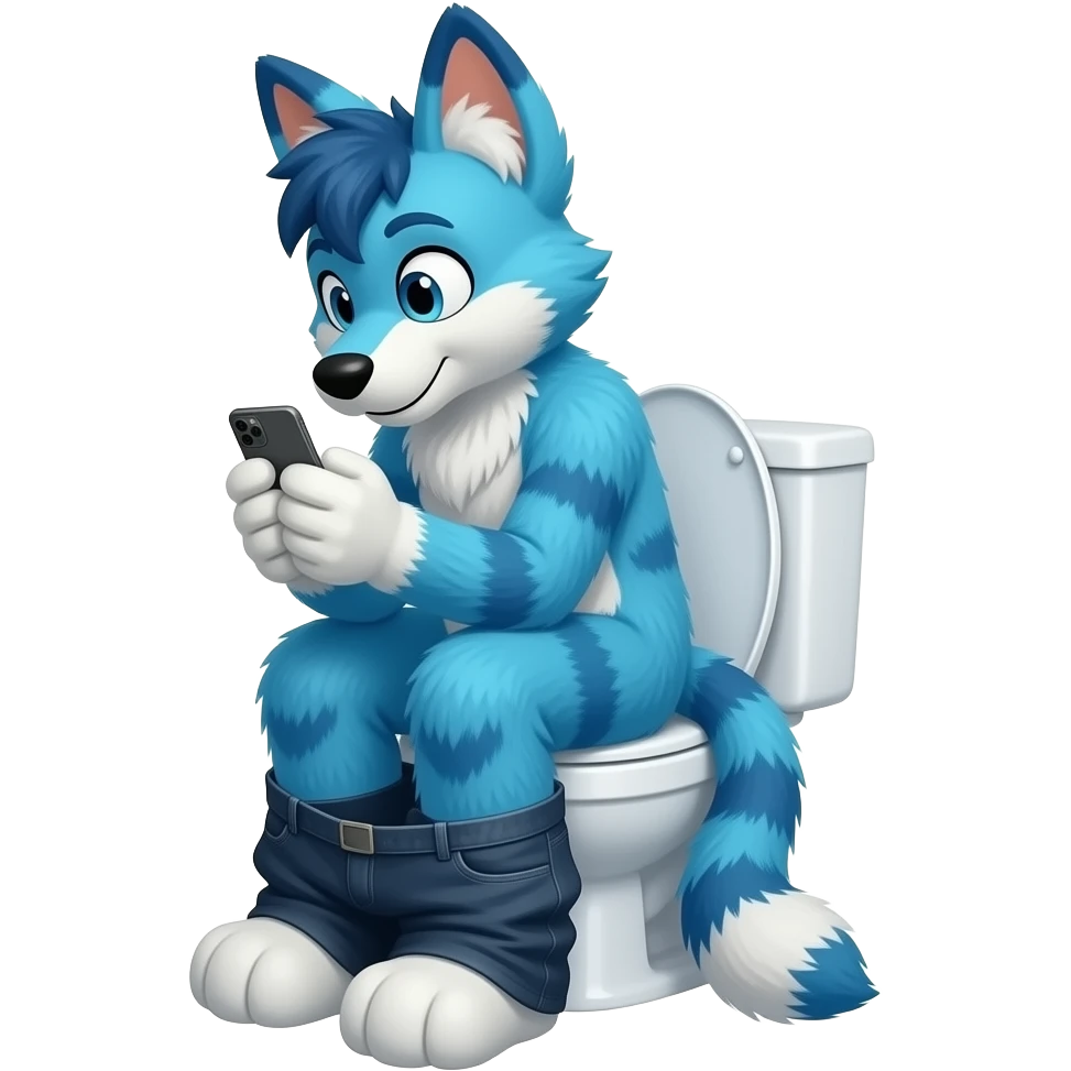 blue fursuit sitting on toilet, side view, pants down, looking down at phone emoji