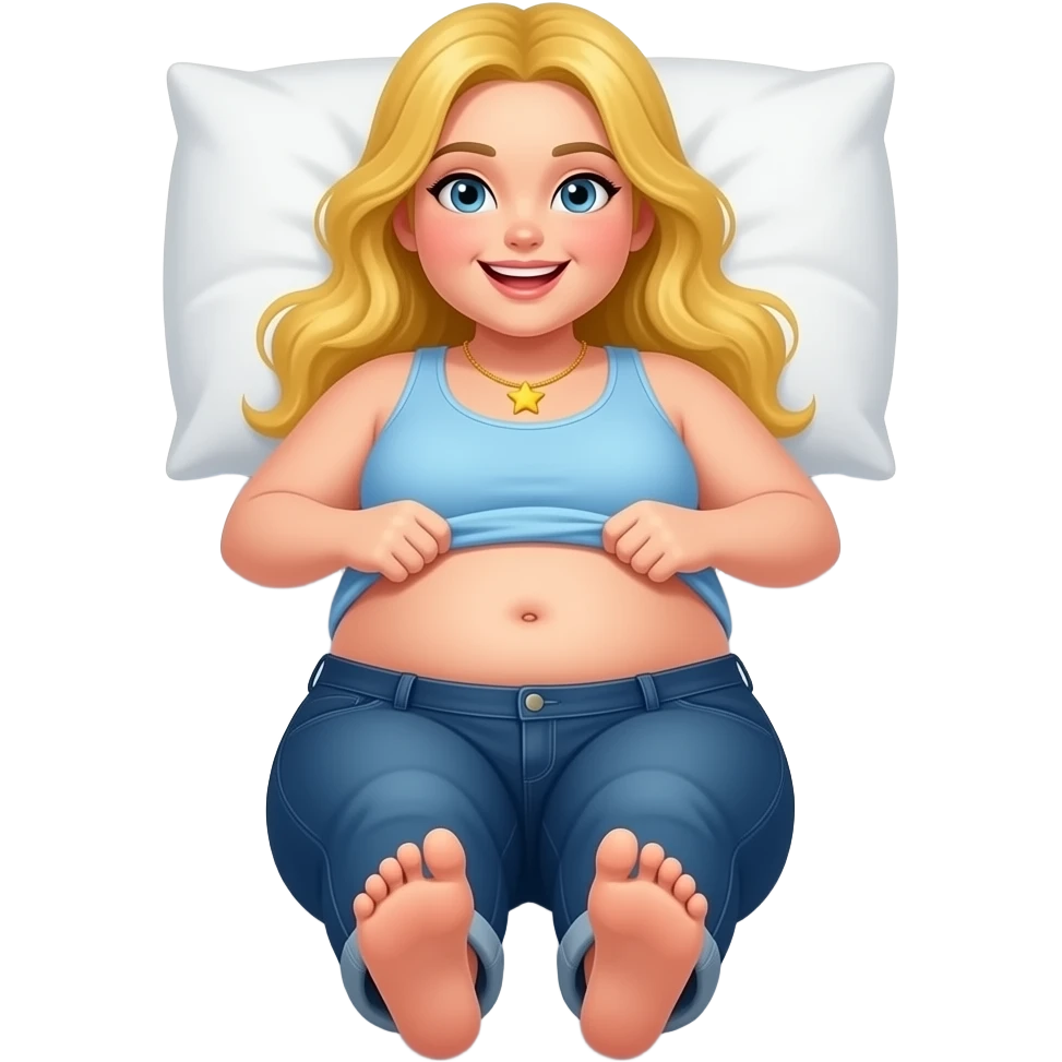 Chubby white girl blue eyes yellow long hair light blue tank top yellow star necklace dark blue plain jeans showing her feet lifting her tank top up to show chubby belly button laying down on her pillow in bed to show feet emoji