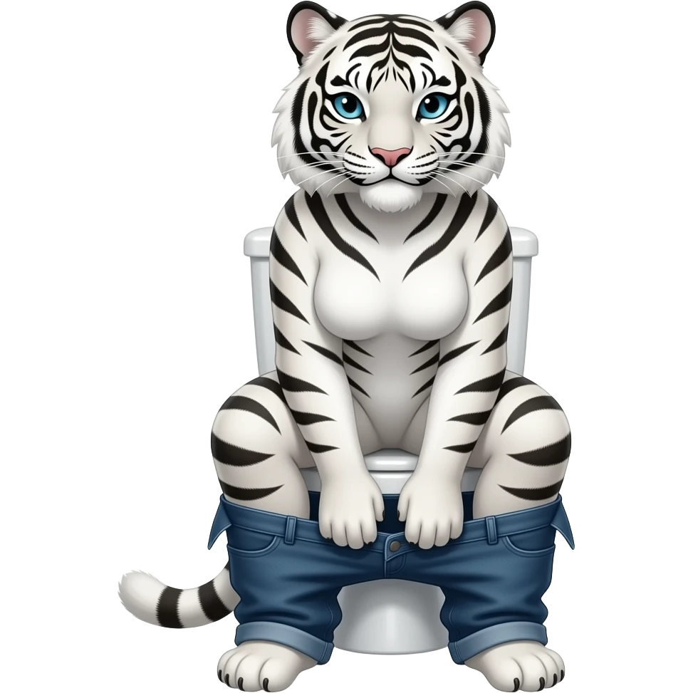Female white tiger furry person woman,sit on toilet pants down,fursona,fart view emoji