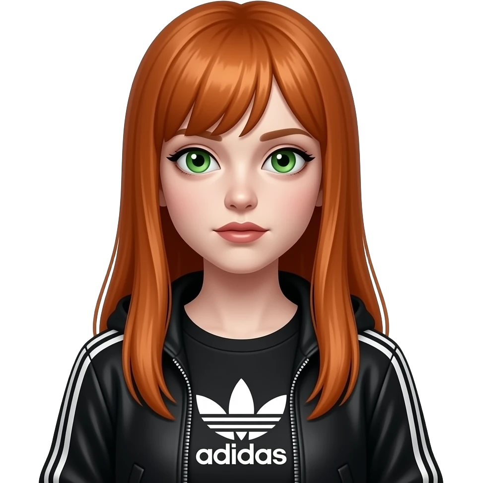 Long hair, ginger and zombie girl, green eyes, straight hair, and a black Adidas-type shirt and jacket. emoji