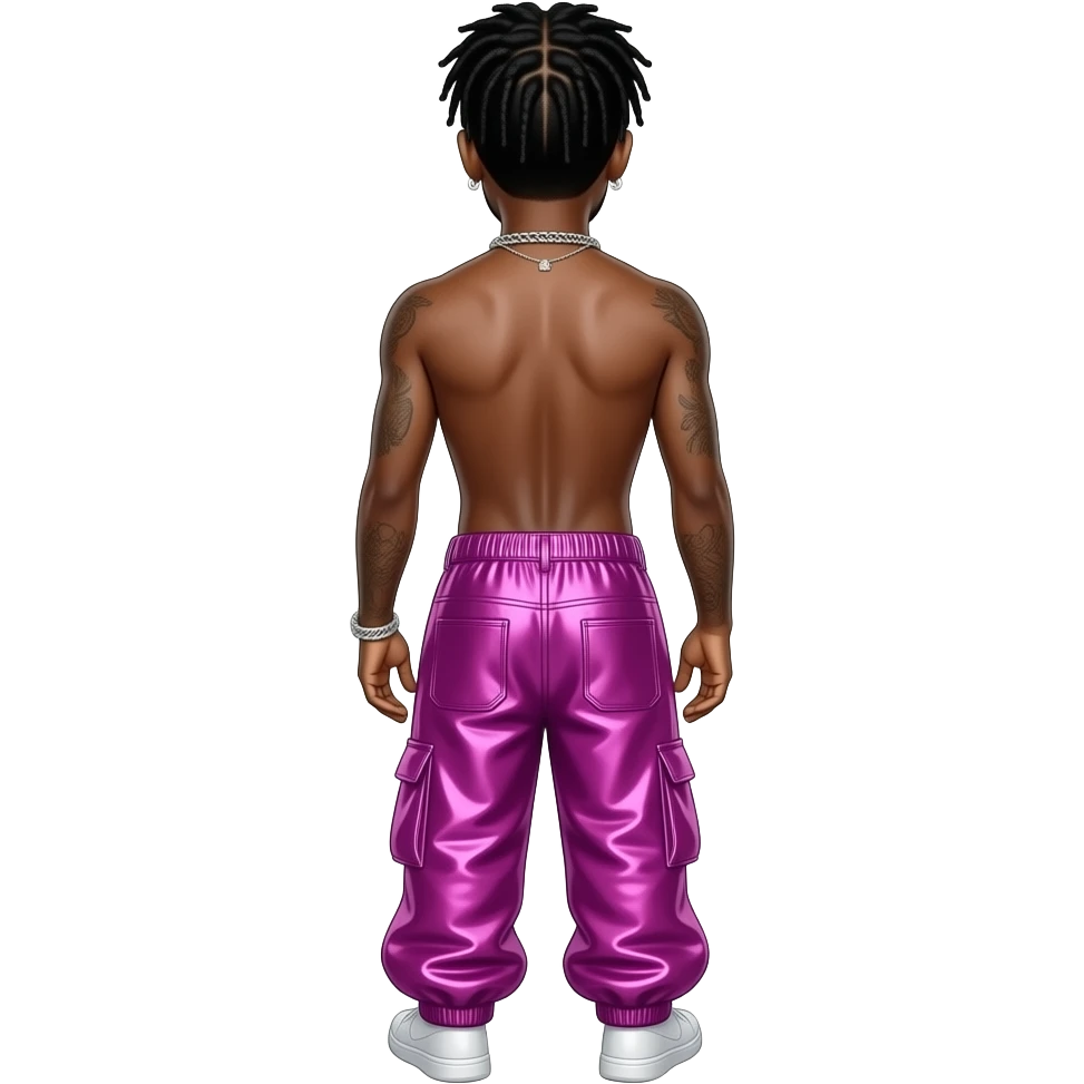 Lil Nas X from behind with fuchsia metallic baggy skirt, shirtless with necklace and earrings emoji