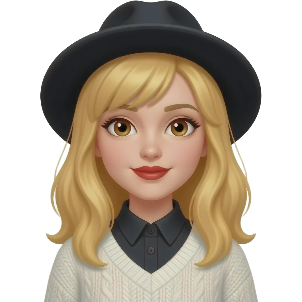 Niña de cabello rubio y sombrero negro y ojos café camisa negra y suéter blanca y labios rojos emoji