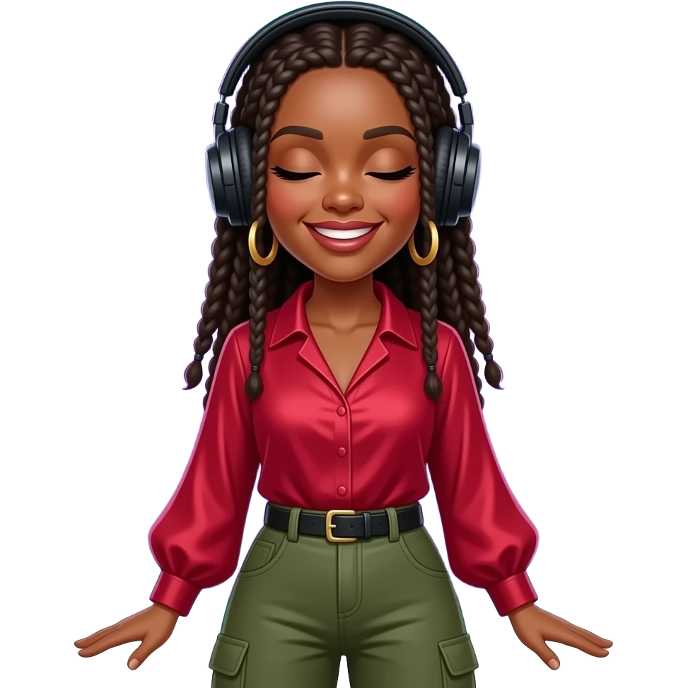 Anime/cartoon style. Black woman, eyes closed, smiling. Cornrows. Black headphones. Red satin blouse, olive cargo pants. Gold hoops. Glowing notes. Purple-blue cosmic background, neon rim light. Medium shot. --ar 16:9 emoji