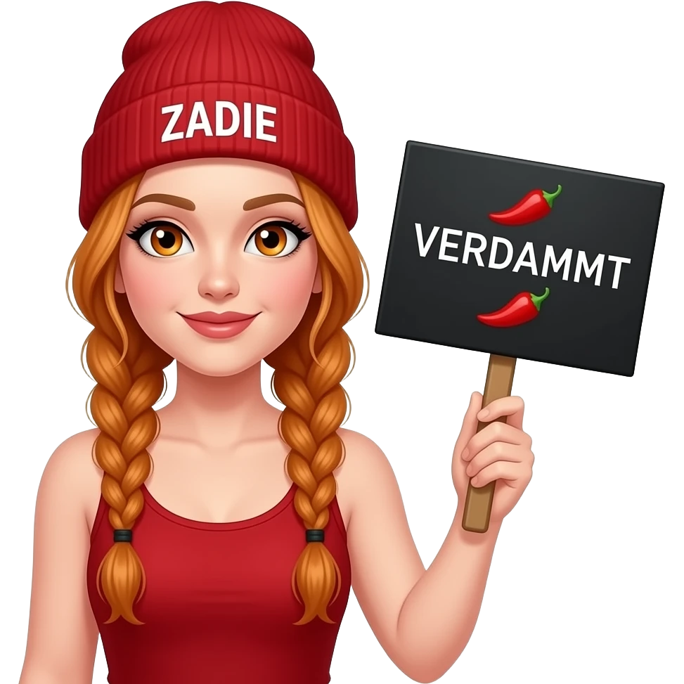 sexy girl with overlong ginger braids and ginger eyes wearing a red tanktop and a red beanie with ZADIE written on it, is holding a black sign with 🌶️VERDAMMT 🌶️written on it emoji
