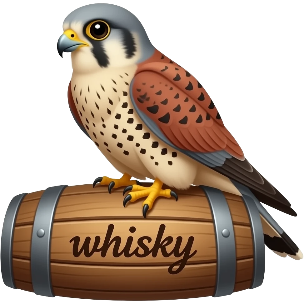 kestrel sitting on whisky barrel. the barrel is clearly stenciled "whisky" in a STENCIL looking font emoji