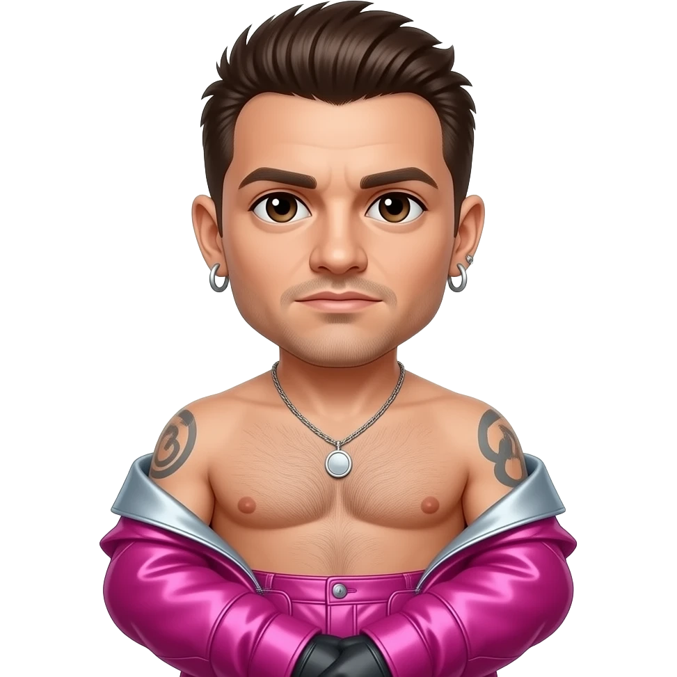 Chester Bennington with dark brown eyes, dark brown hair, hot pink metallic baggy loose pants, shirtless with necklace and earrings emoji