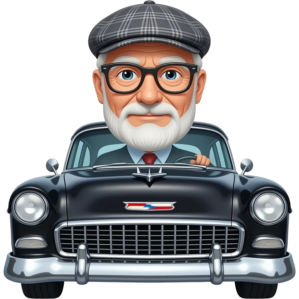 OLD MAN WITH GLASSES AND FLAT CAP DRIVING BLACK 1955 CHEVY WITH emoji