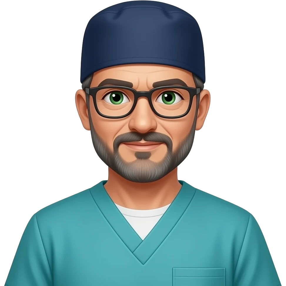 middle aged doctor with dark gray hair, beard stubble and green eyes in dark navy scub cap, torquoise scrubs with no eyeware emoji