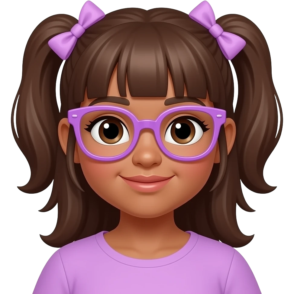 Chica linda pelo marrón y moños en el pelo y poco en sobre peso y morocha con gafas moradas pastel emoji