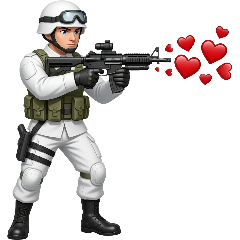 Crea un emojee un soldado de tes blanca que su arma cuando dispare corazones los disparos con los corazones en movimiento emoji