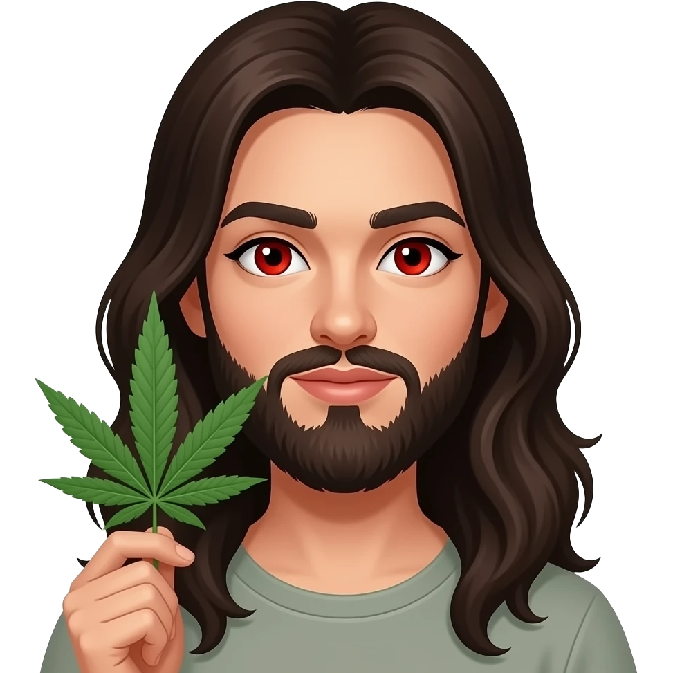 Emoji tipo iPhone mujer morena  con barba y ojos rojos marihuana emoji