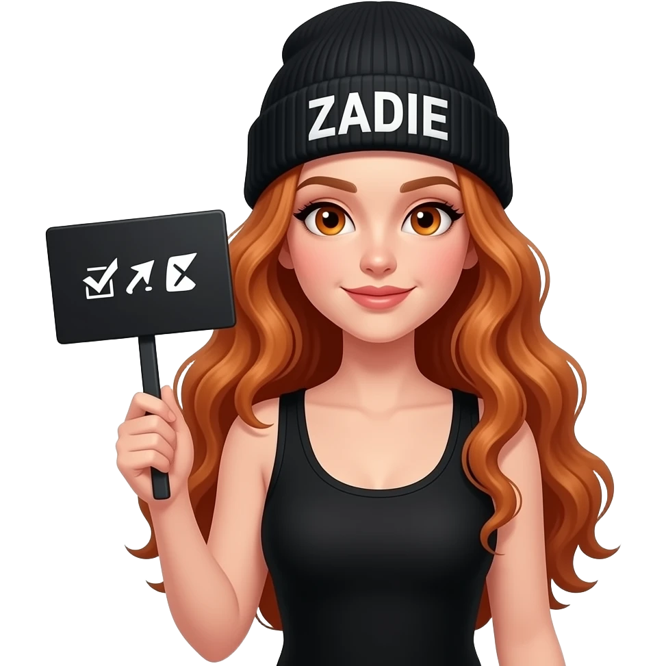 sexy girl with overlong wavy ginger hair and ginger eyes wearing a black tanktop and a black beanie with ZADIE written on it, is holding a black sign with ✴️✴️✴️ on it emoji