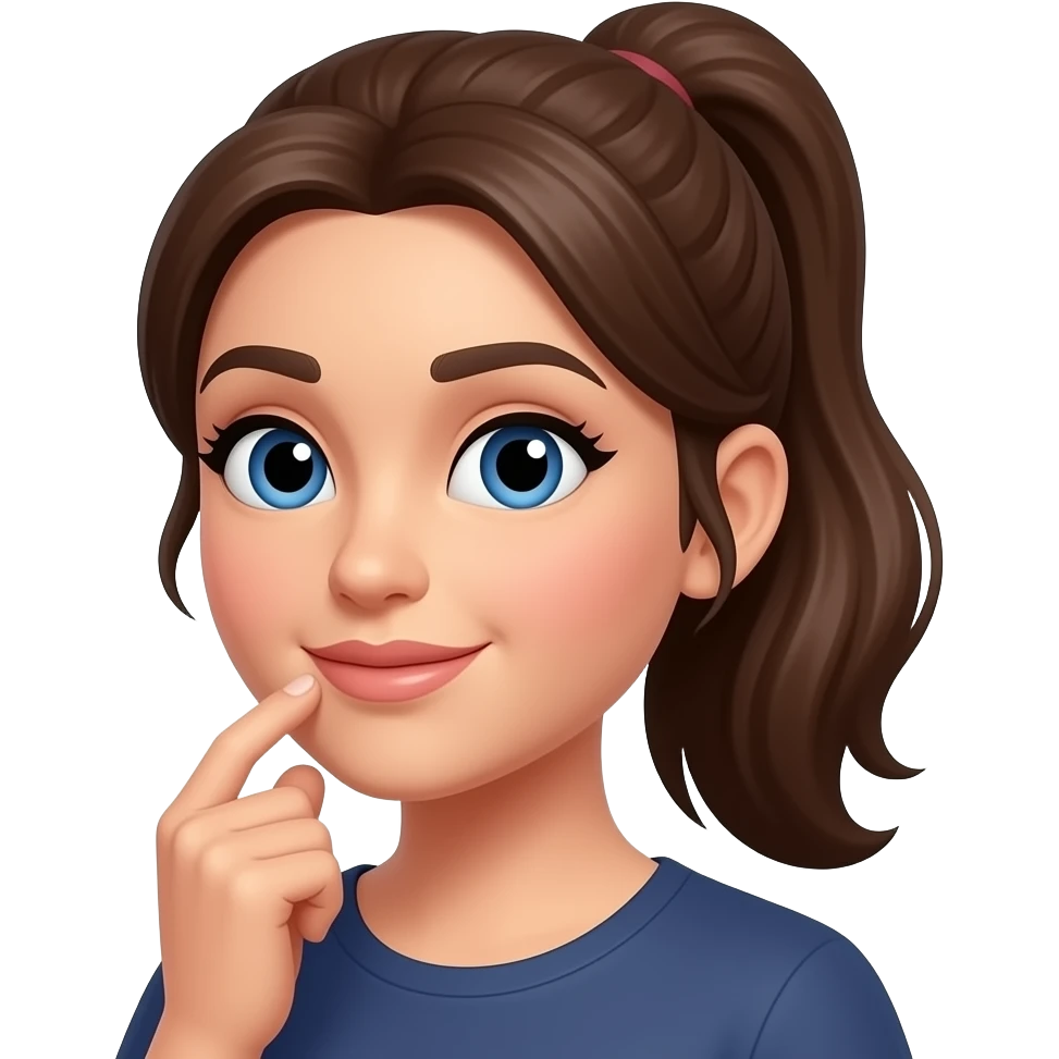 여자 성인, 옆으로 포니테일, 아이메이크업, 궁금해하는 포즈 아이폰 이모지 느낌으로 emoji