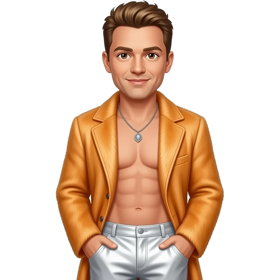 Donnie Wahlberg from NKOTB with brown eyes, light brown hair, light orange fur coat, white metallic baggy pants, shirtless with necklace emoji