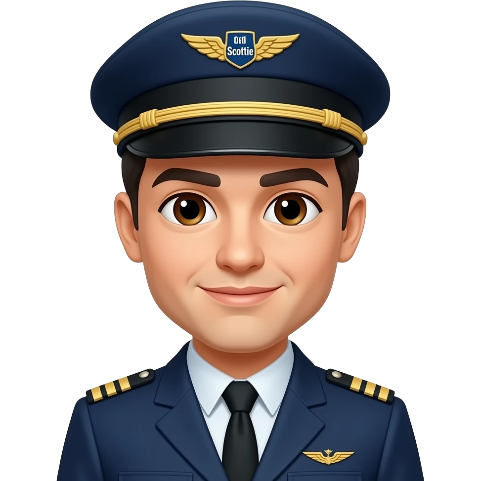 Pilot Black hair white skin brown geyes with hat and wings badge with the name “Scottie”i emoji