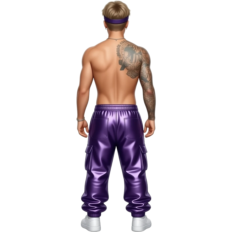 Justin Bieber from behind with dark purple metallic baggy joggers, shirtless emoji