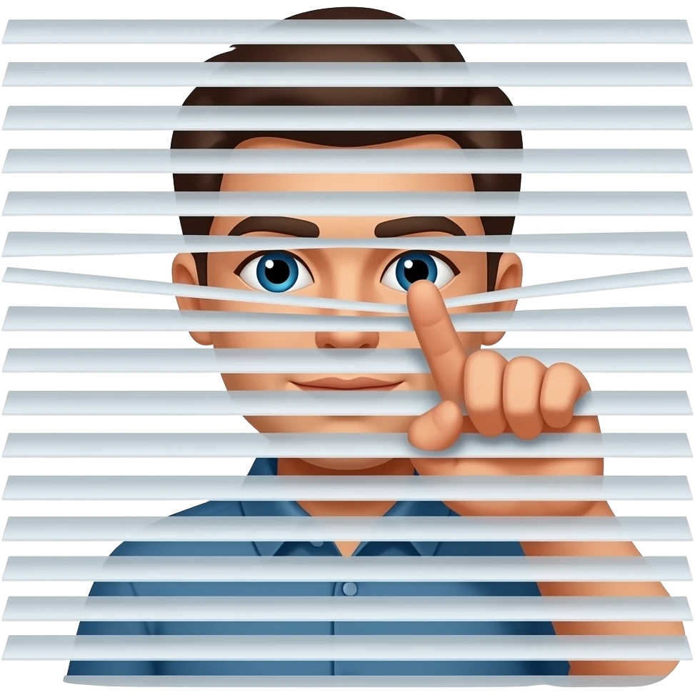 person peering through window blinds with one finger pulling the blind down by their eye emoji