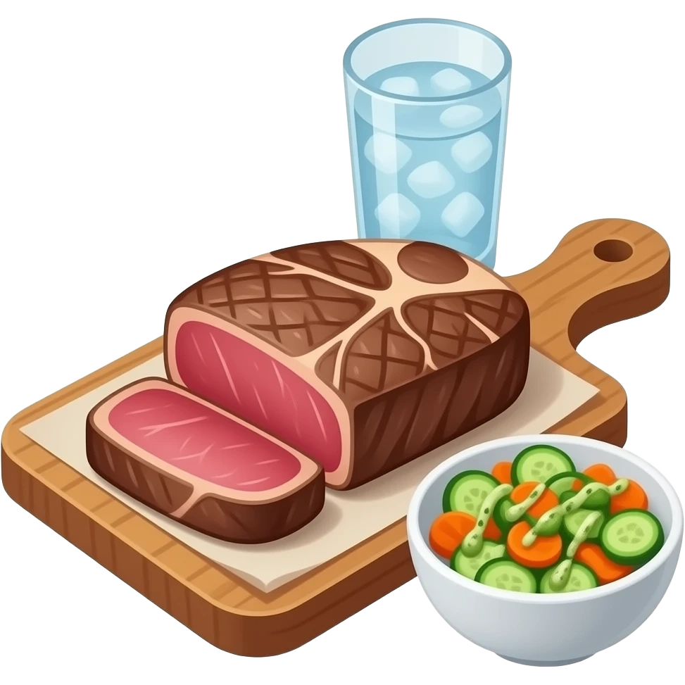 Filete de ternera con un vaso de agua al lado y un cuenco pequeño de ensalada de zanahoria y pepino emoji