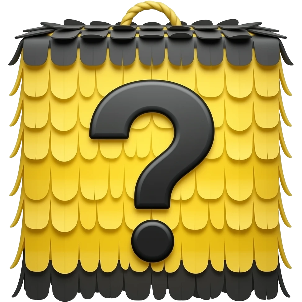 yellow and black box piñata with question mark on emoji