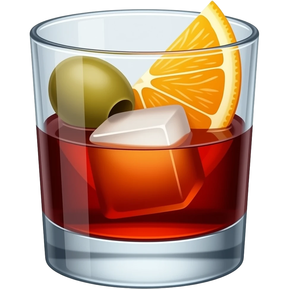 A short whiskey glass filled to the top with dark red vermouth. It has a big block of ice, an olive and a thin slice of orange in the glass too emoji