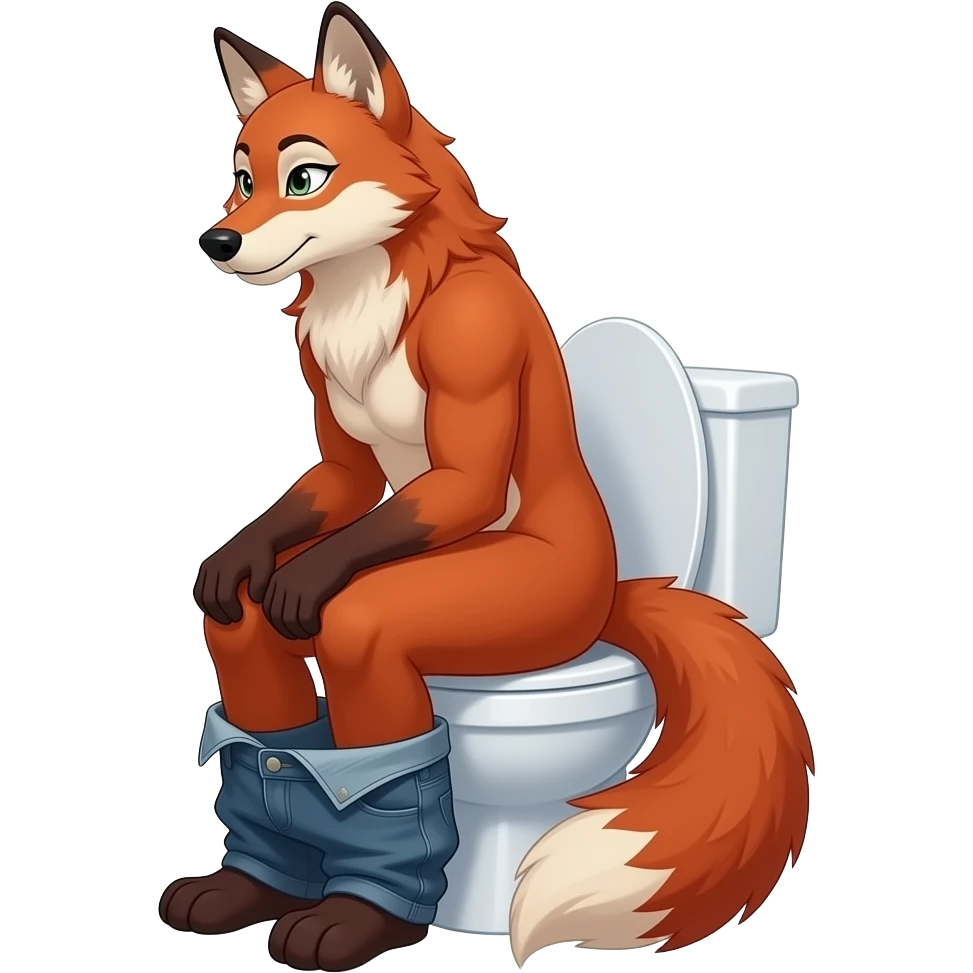 Female zoe red wolf furry sit on toilet pants off,side view,fursona emoji