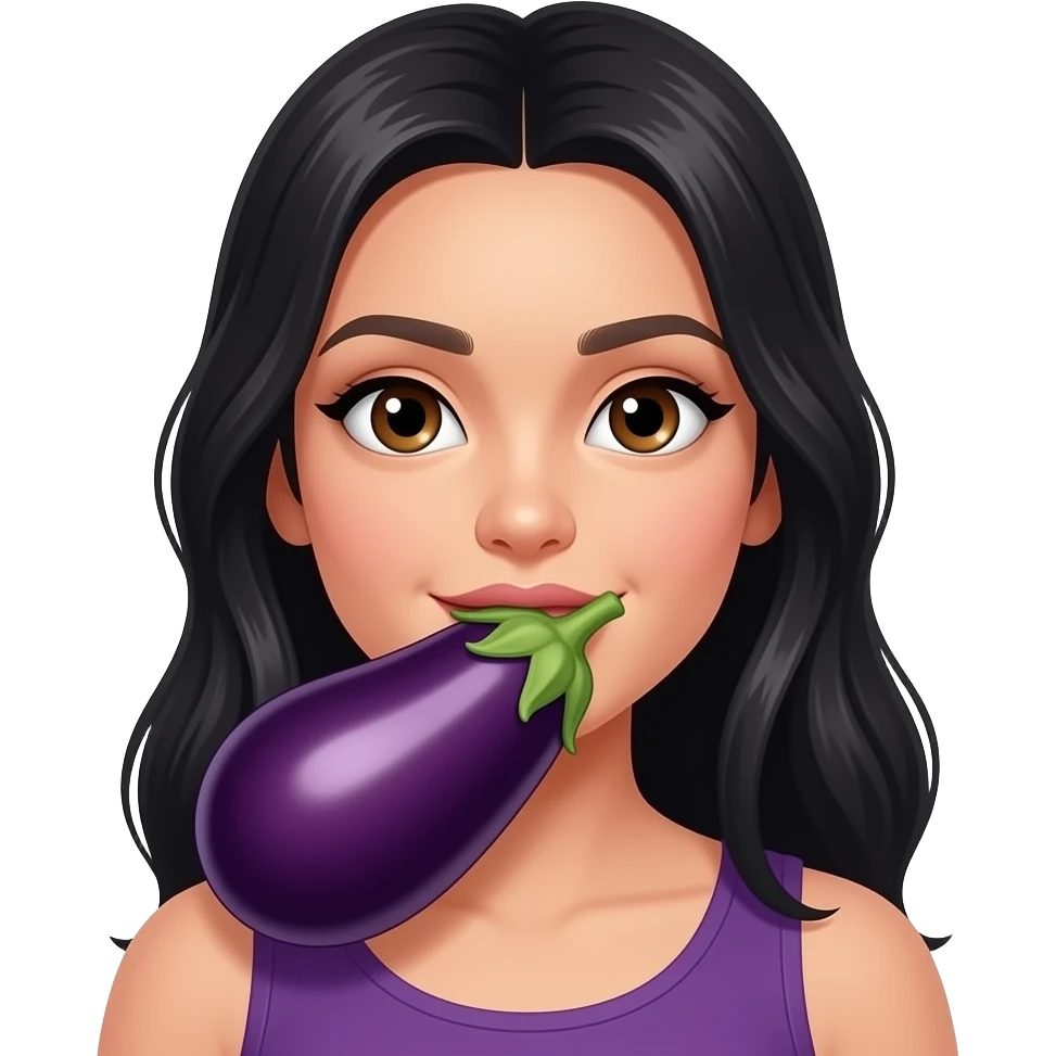 Long Black hair brown eyes licking a big eggplant emoji