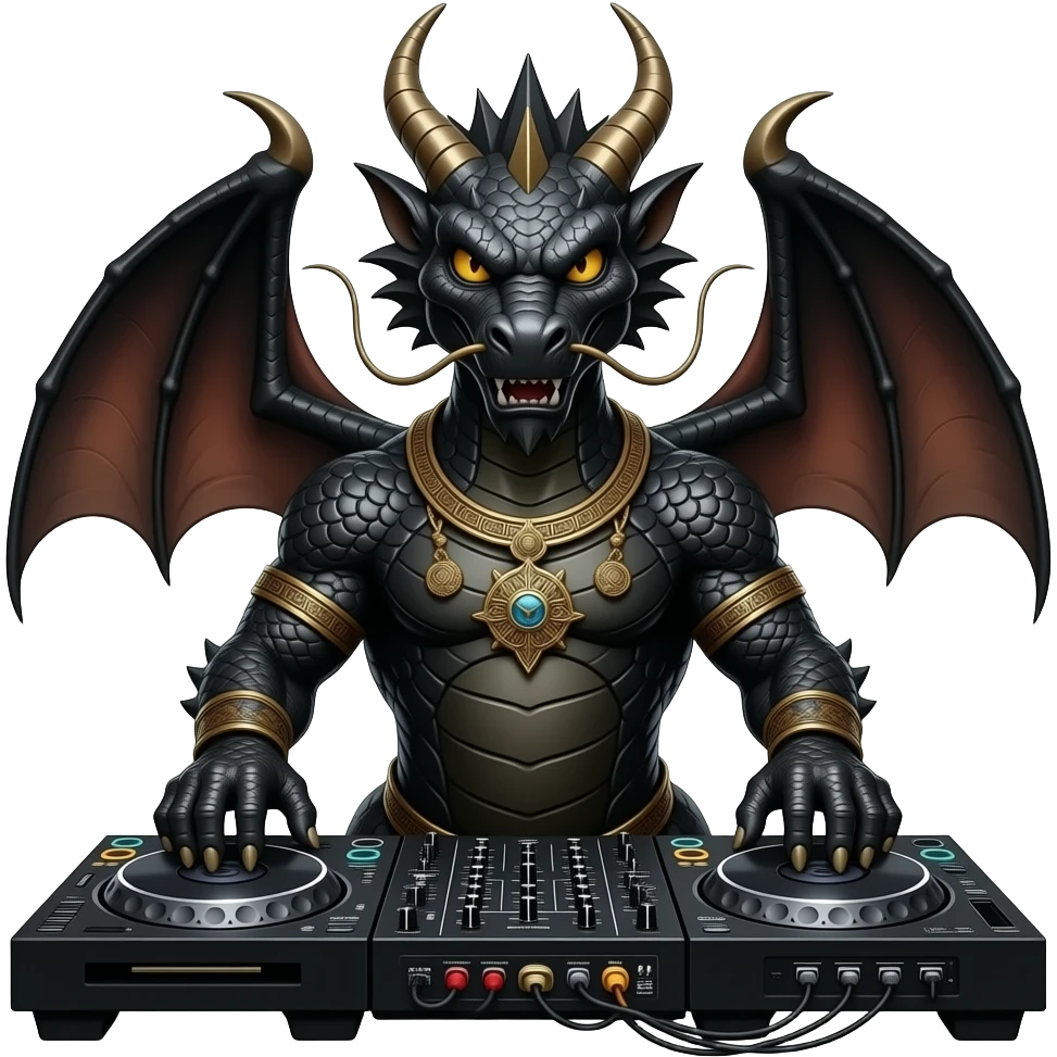 ancient Black dragon DJ, highly detailed, hyper real, DJ Deck, facing forward emoji