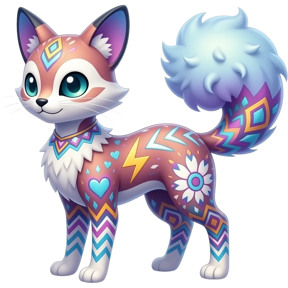 Colorful spunky elegant thin Realistic tall slim unique fantasy original shiny smooth soft flurry edgy cool Civet-Absol-Sprigatito-Vaporeon-Fakémon-hybrid with tribal chevron heart floral lightning bolt strikes damask paisley markings emoji