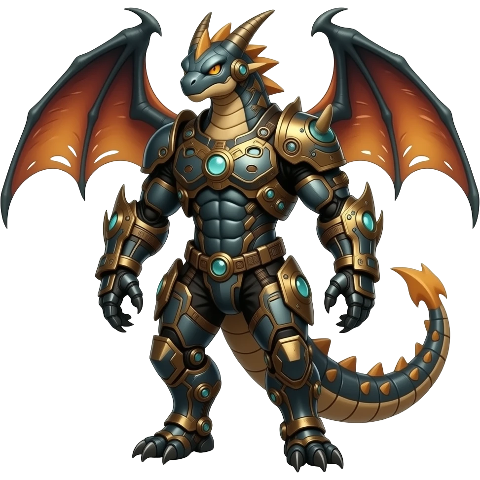 ancient vintage futuristic fantasy-Cyberpunk-Steampunk-Genesect-Salamence-Tyranitar-Brony-Vernid-Fionbri-Fakémon-animal-hybrid, full body emoji