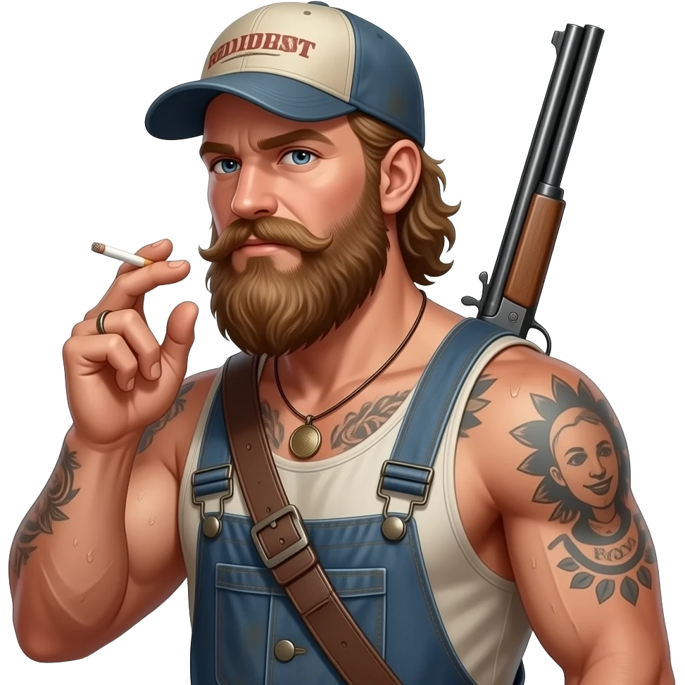 Portrait von einem nackten, typischen redneck mit alten cap und tattoos. Er ist maskulin, behaart. Seine Haut ist staubig und verschwitzt. Er raucht eine Joint und hat eine Schrotflinte um seinen Rücken umgehängt. Er hat ein ungepflegten, zottligen lange Bart. emoji