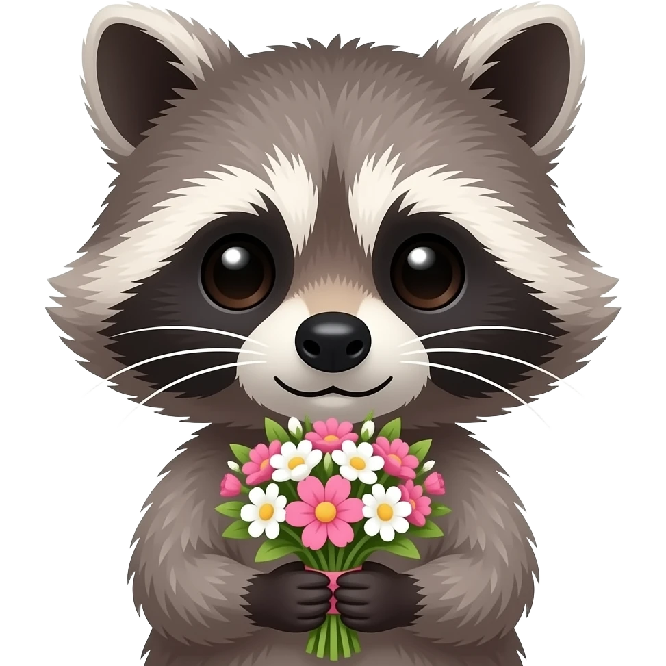 a simple bust shot of a cute racoon holding flowers emoji